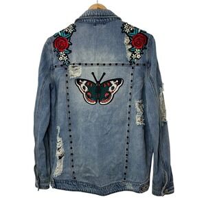 ARRIVE Denim Jacket Rose Butterfly Embroidered Distressed Blue M